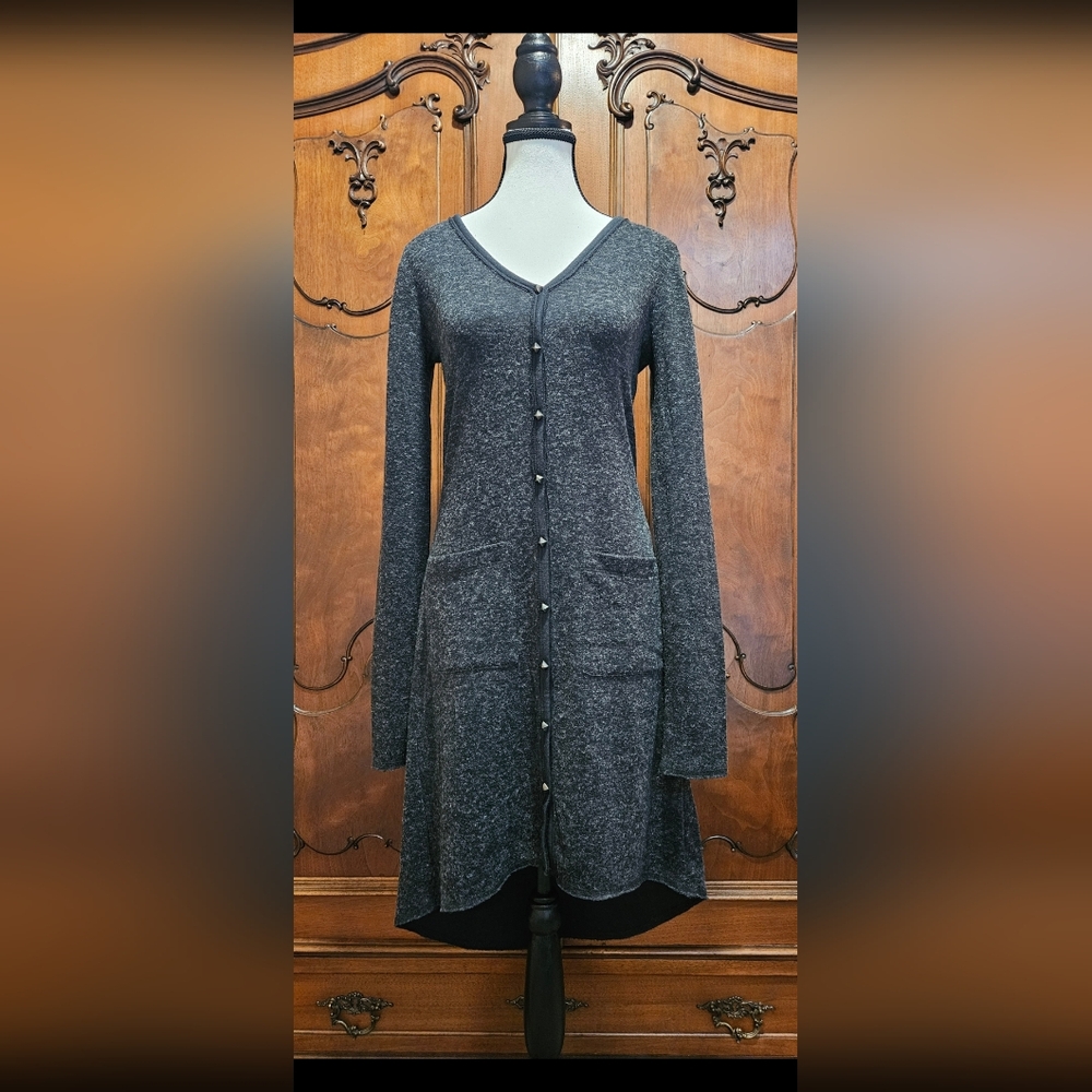 Rachel Roy Long Wool Blend Cardigan Pyramid Buttons V Neck Dark Gray Size S
